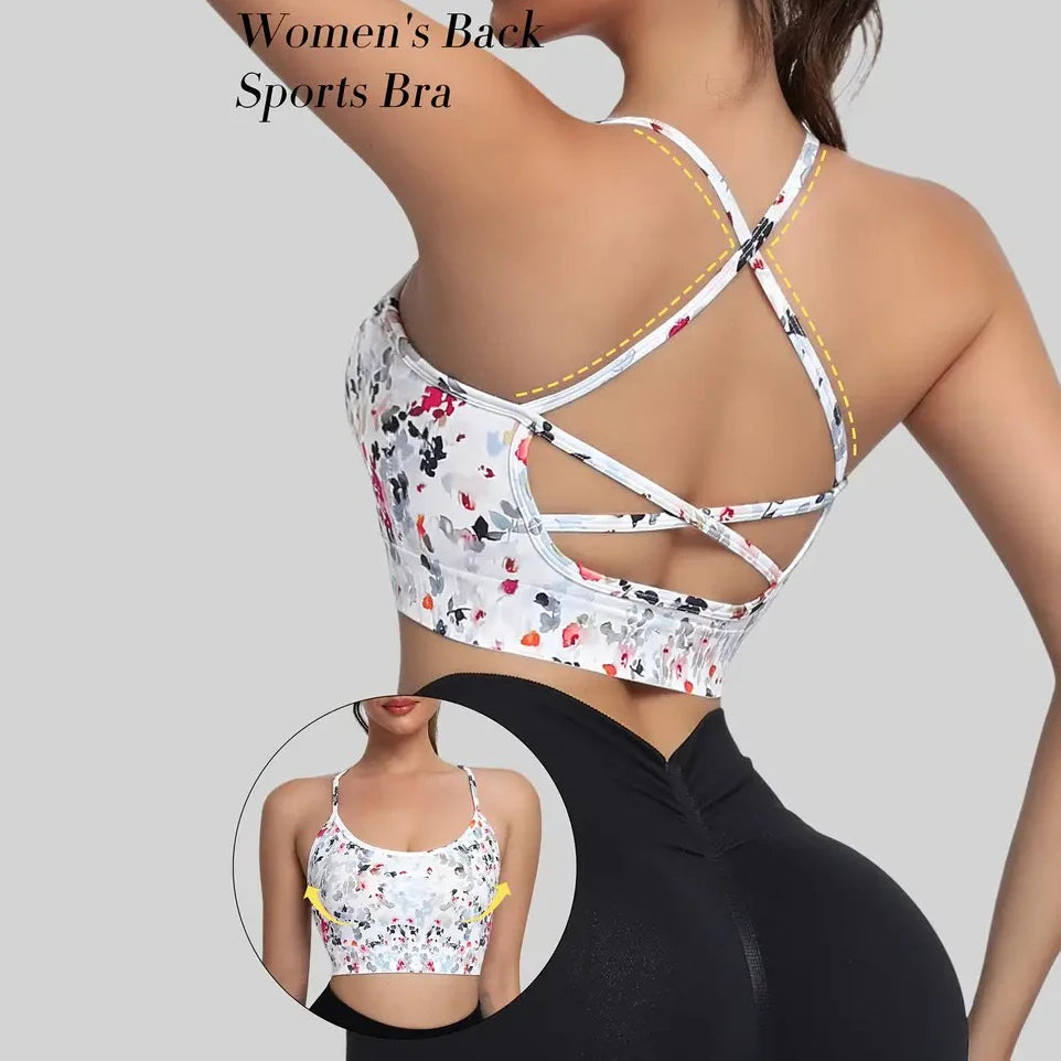 Top esportivo feminino com alças cruzadas nas costas e estampa floral