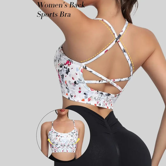 Top esportivo feminino com alças cruzadas nas costas e estampa floral