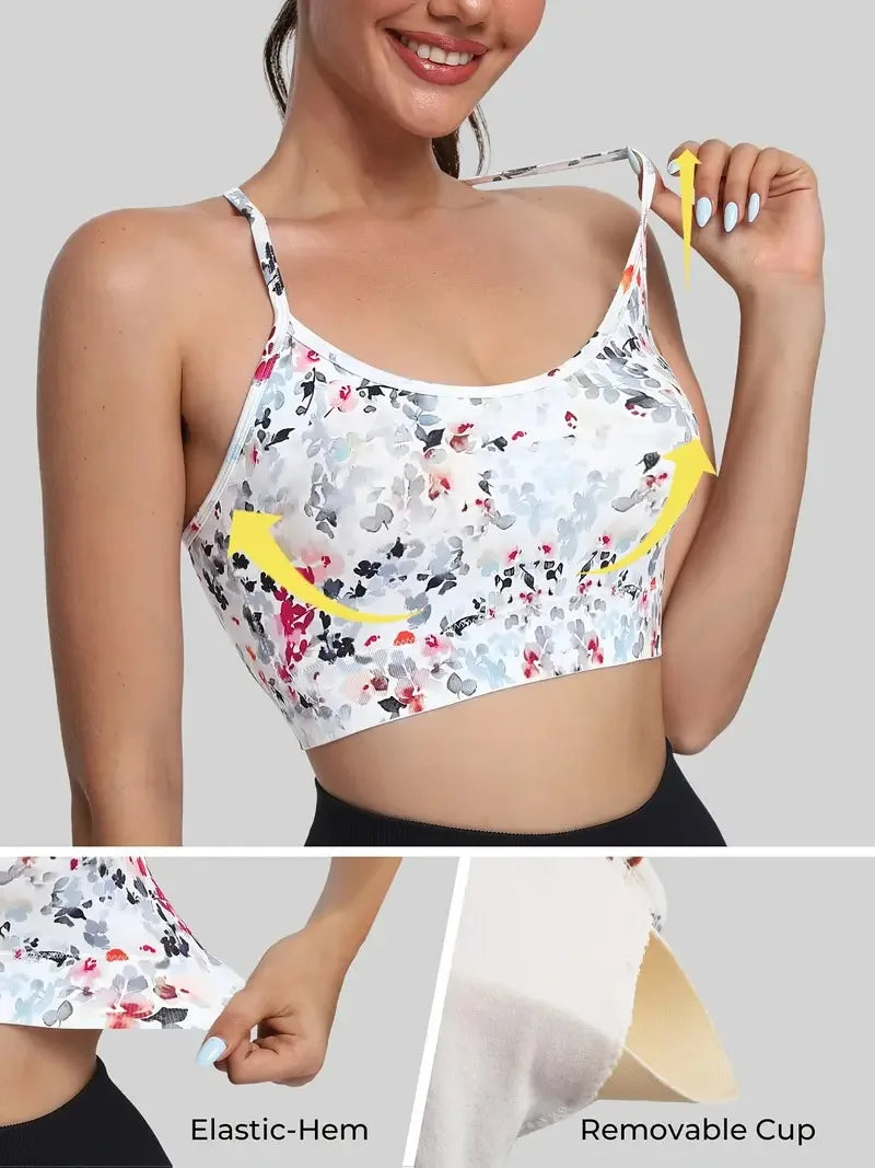Top esportivo feminino com alças cruzadas nas costas e estampa floral